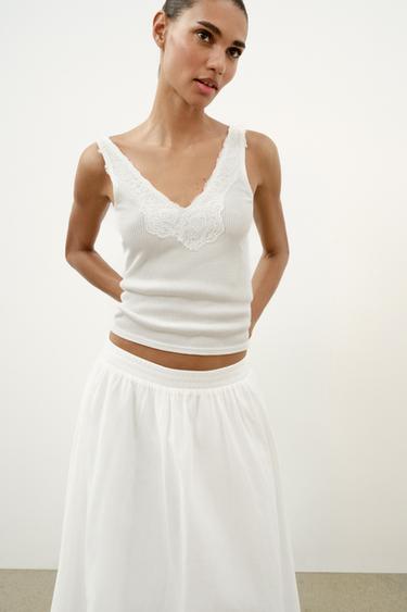 RIBBED LACE TOP - Oyster-white by Zara