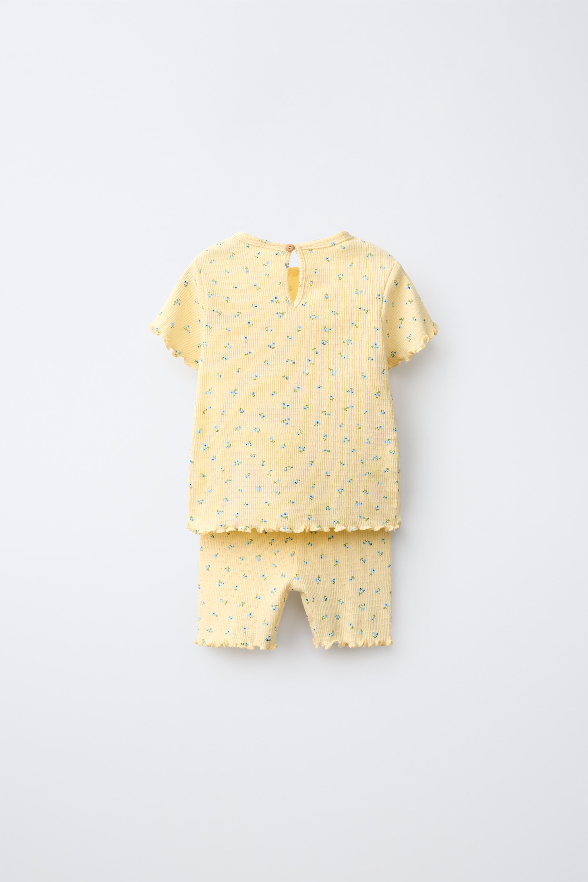RIBBED FLORAL T-SHIRT AND BIKER SHORTS SET — Light yellow