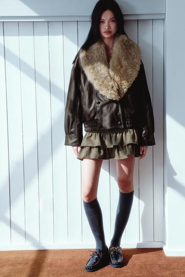 Zara 人造皮革可拆式領夾克 - 深棕色