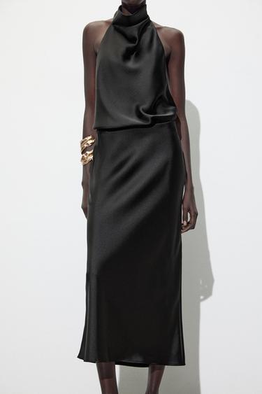 JUPE MI-LONGUE SATINÉE - Noir de Zara