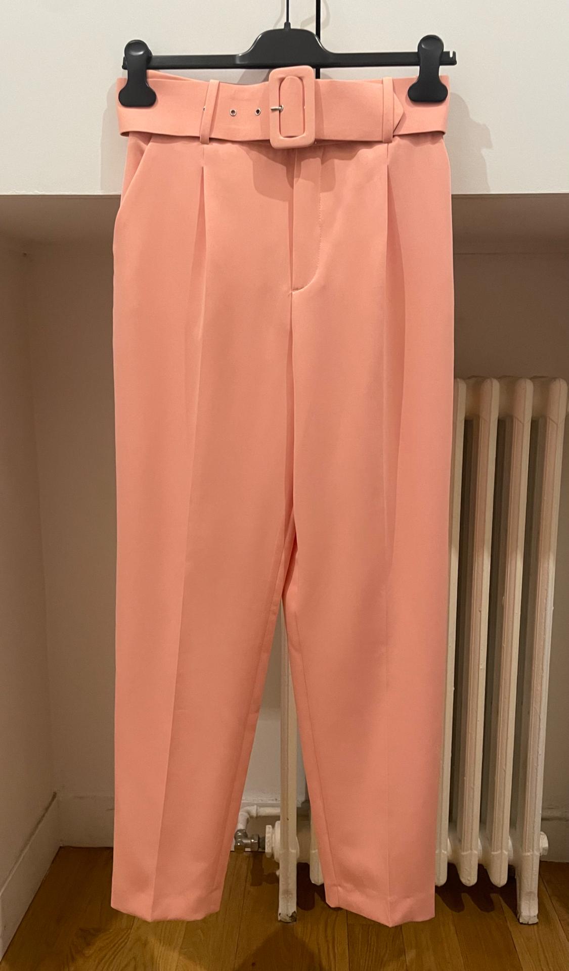 Light pink trousers with a wide belt and buckle, hanging on a black hanger against a white background and wooden floor.