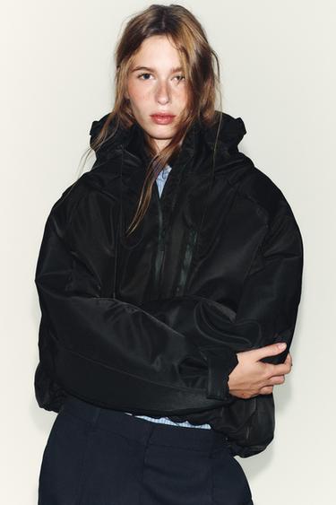 WATER-REPELLENT WINDPROOF PUFFER JACKET WITH HOODIE - Black by Zara
