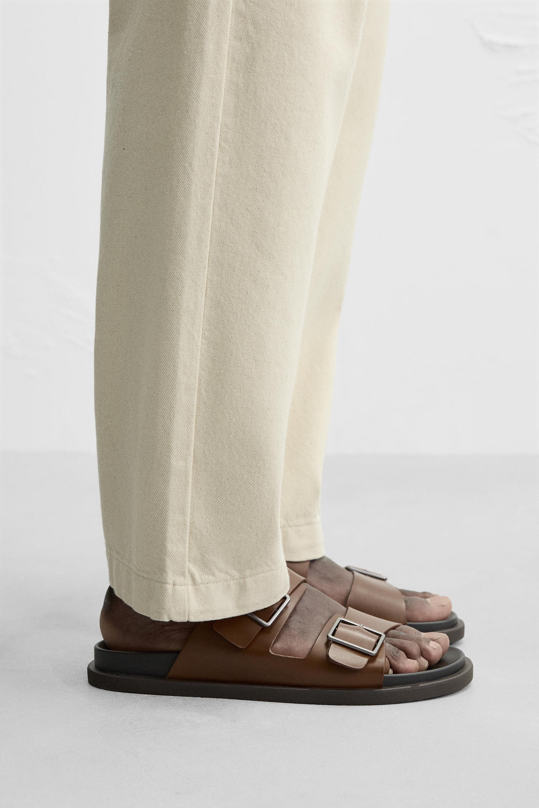 Zara Men\'s Tan Cross-Strap Sandals LEATHER CROSSED STRAP FLAT SANDALS - Off White | ZARA United  main image 4