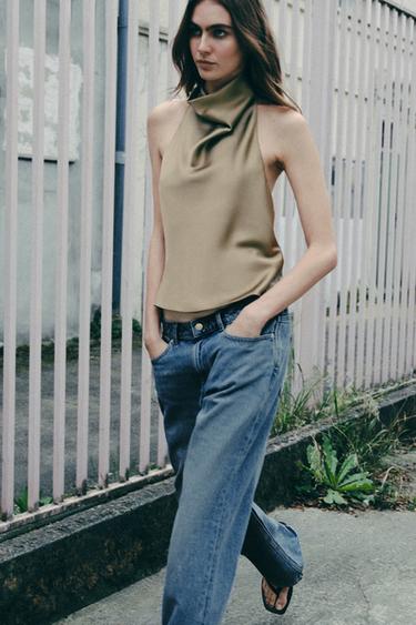 SATIN HALTER TOP - Light khaki by Zara - Image 0