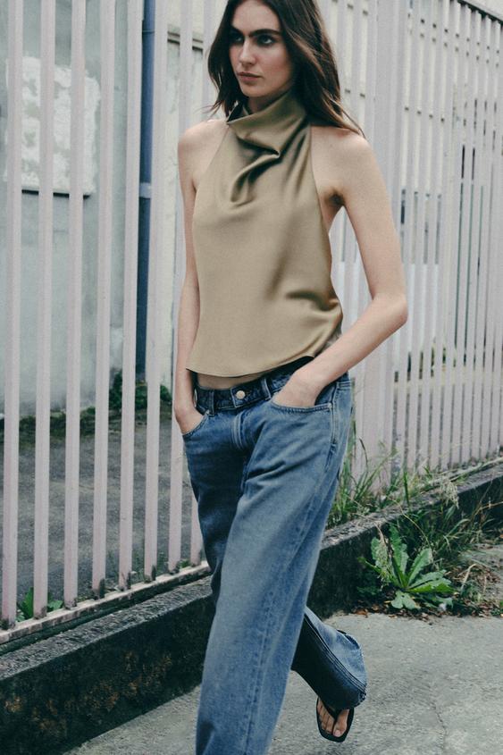 TOP HALTER SATINADO - Khaki claro de Zara - Imagen 0