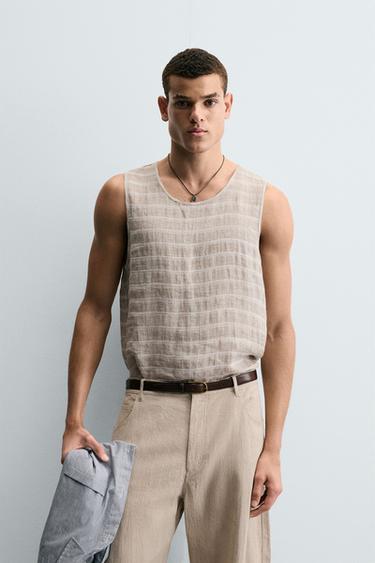 CAMISA DE LINHO - ALGODÃO LISTRADA - Bege-claro da Zara