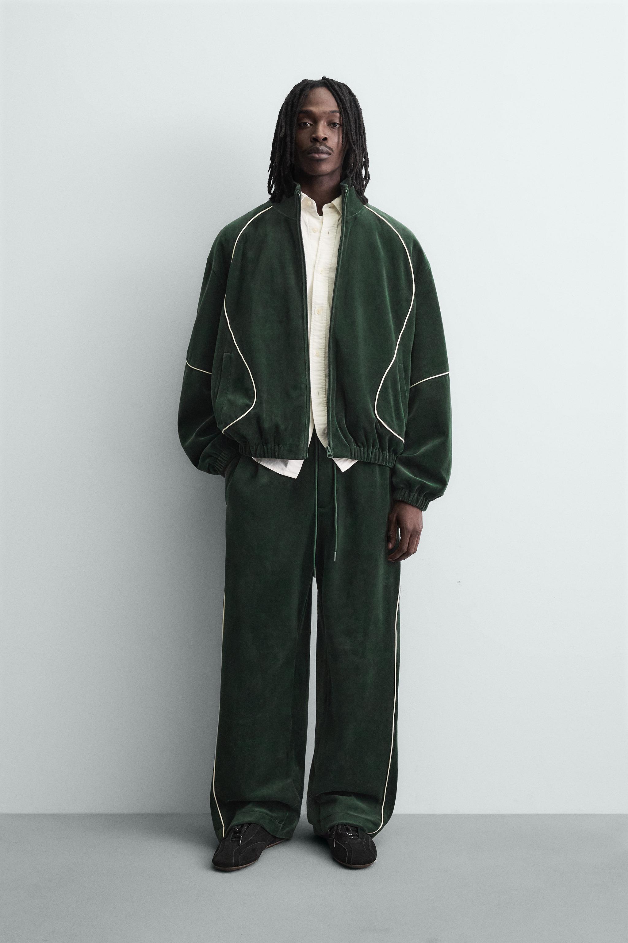 VELOUR PIPED PANTS - Green | ZARA United States