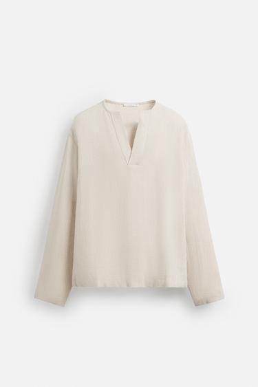 CHEMISE POLO STRUCTURÉE MÉLANGE LIN - Écru de Zara - Image 6