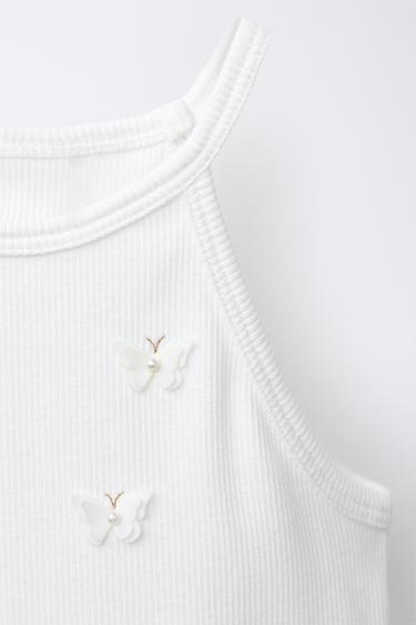 T-SHIRT CÔTELÉ PAPILLONS ET FLEURS - Blanc de Zara - Image 2