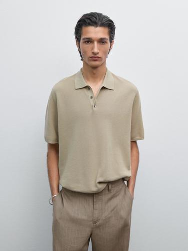 Zara 100% cotton textured knit polo shirt - Greenish