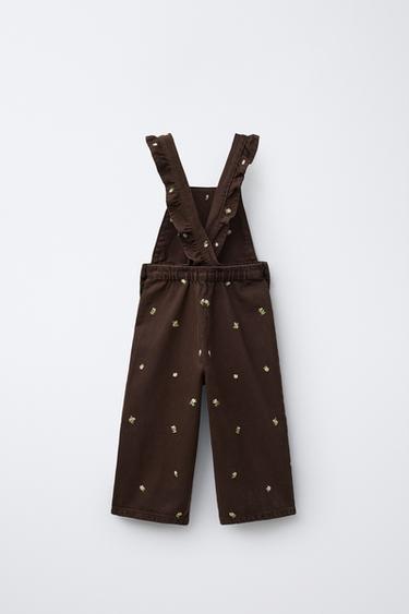 LONG DUNGAREES WITH EMBROIDERED FLOWERS - Brown by Zara - Image 1