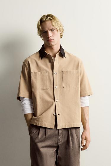 CONTRAST COLLAR POCKET SHIRT — taupe brown 2