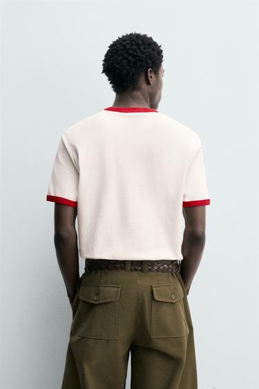 CONTRAST RIB NUMBER T-SHIRT - Ecru / Red by Zara - Image 2