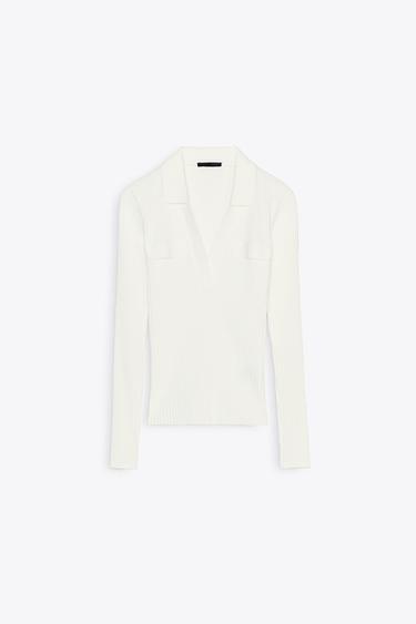 RIBBED POLO NECK T-SHIRT - Oyster-white by Zara