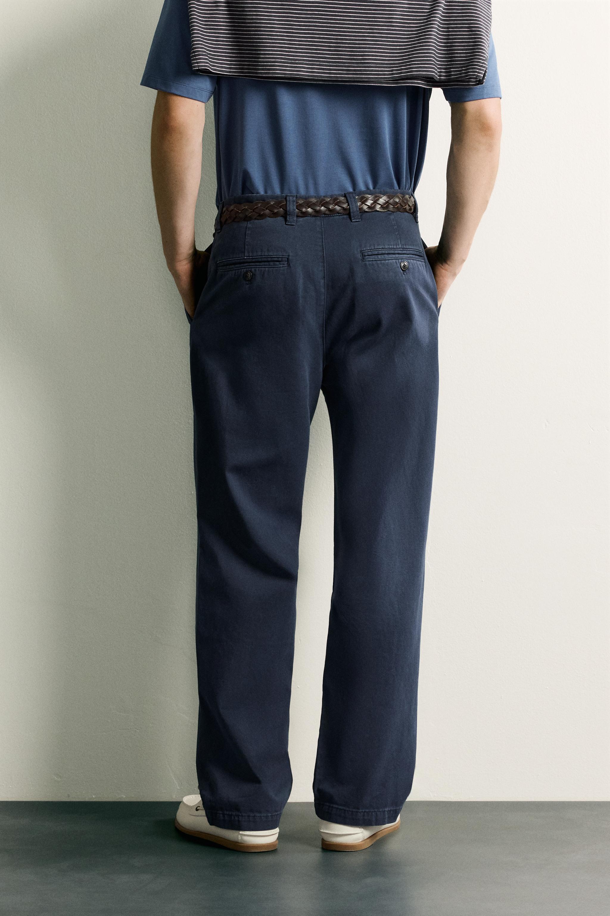 STRAIGHT-LEG PLEATED CHINO TROUSERS - Navy blue | ZARA Singapore