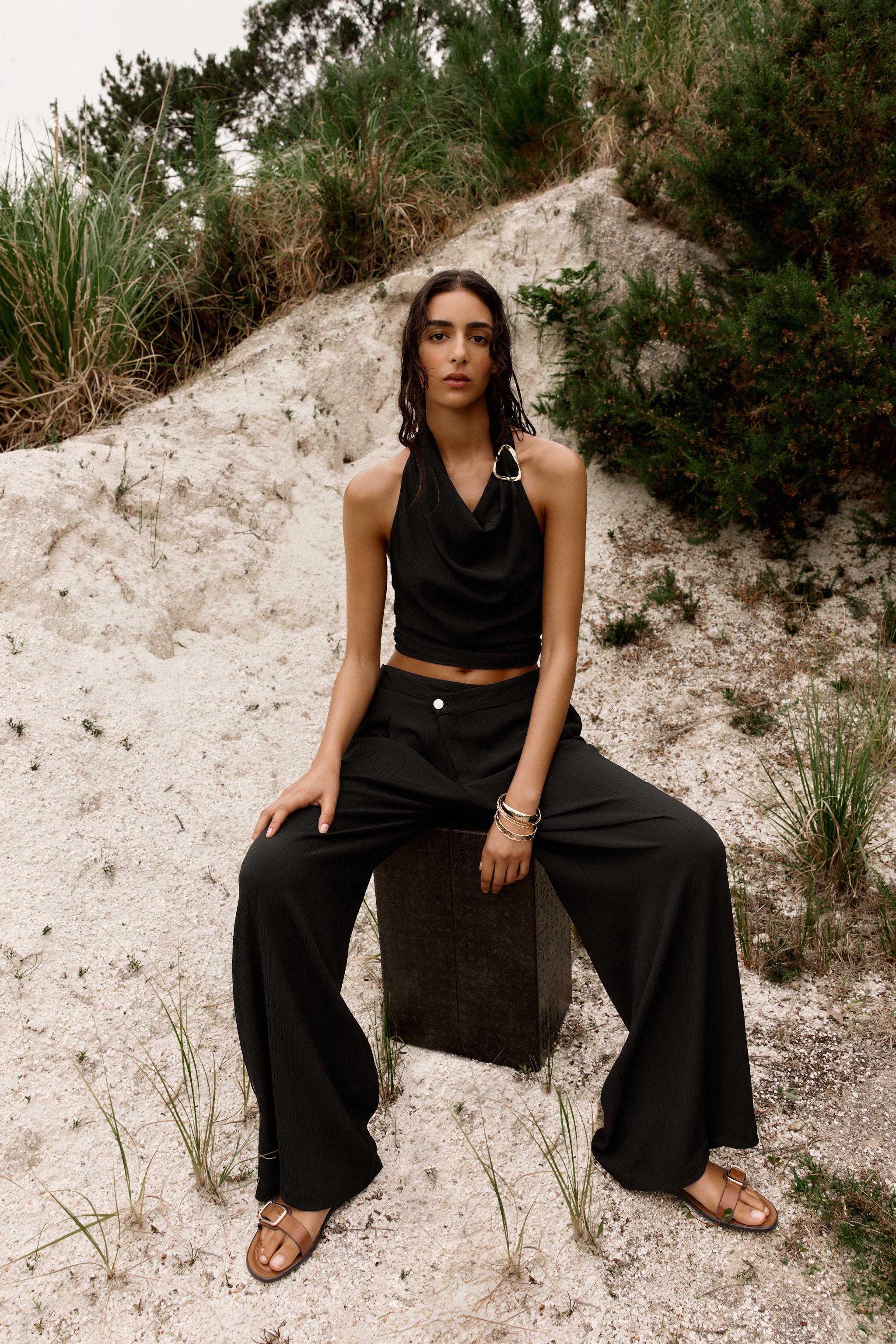 CROSS WAIST WIDE LEG PANTS