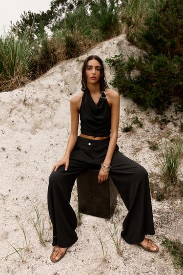 Zara CROSS WAIST WIDE LEG PANTS - Black