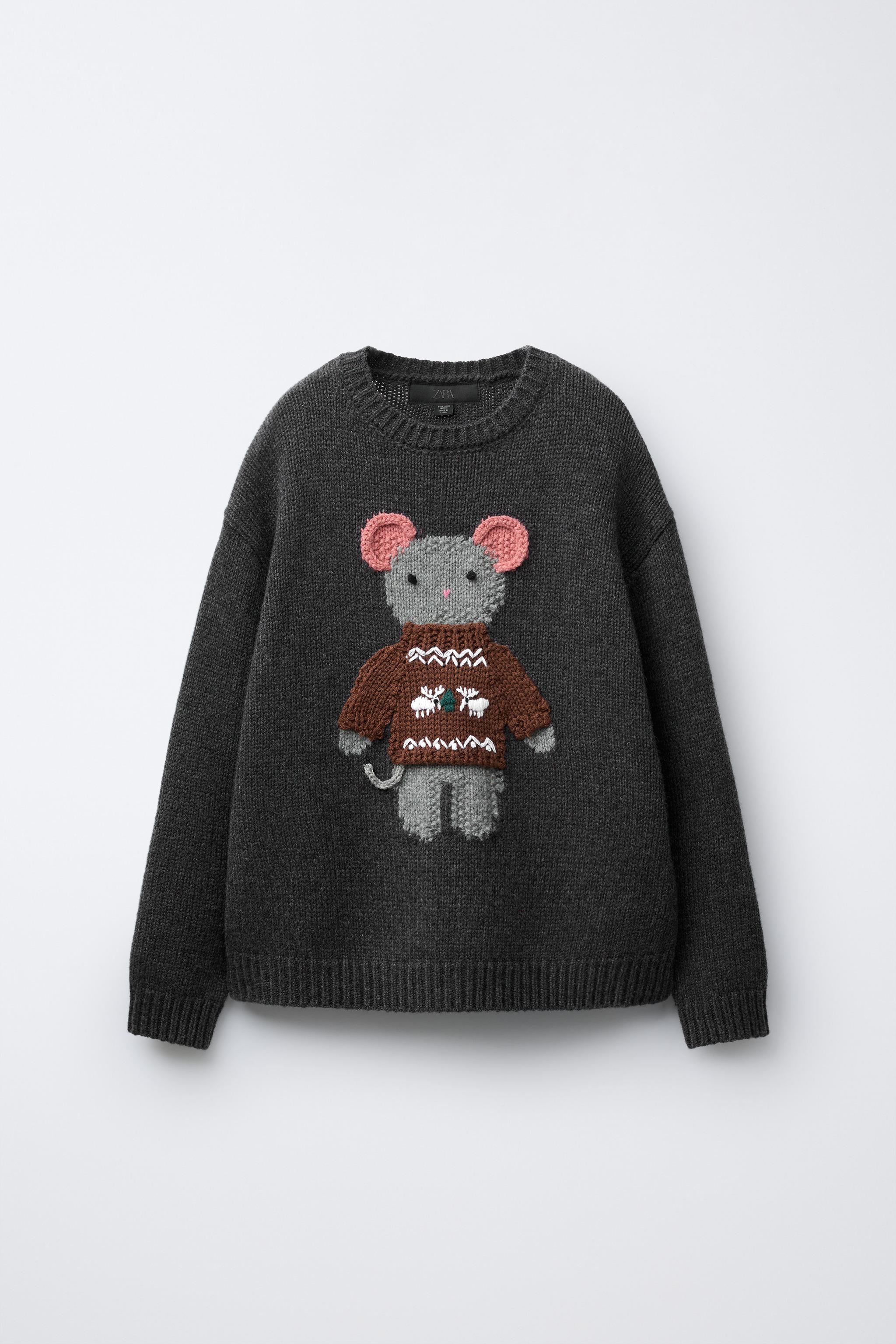 AGES 7-12/ WOOL BLEND KNIT JUMPER WITH EMBROIDERED MOUSE - Gray