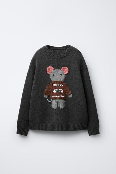 7-12 YEARS/ WOOL BLEND KNIT JUMPER WITH EMBROIDERED MOUSE - Grey by Zara