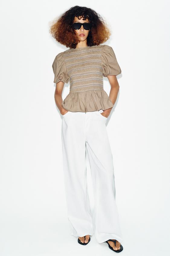 EMBROIDERED SMOCKED BALLOON TOP from Zara - $49.90