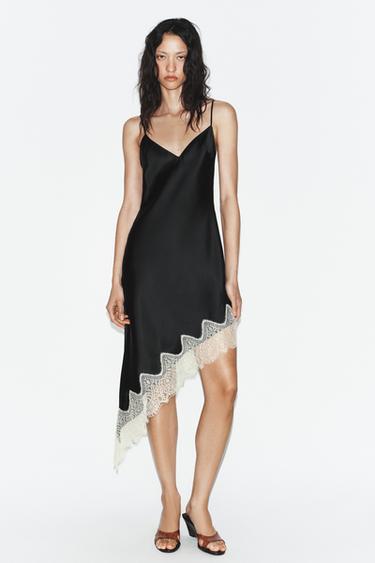 Zara SATIN EFFECT LACE DRESS - Black