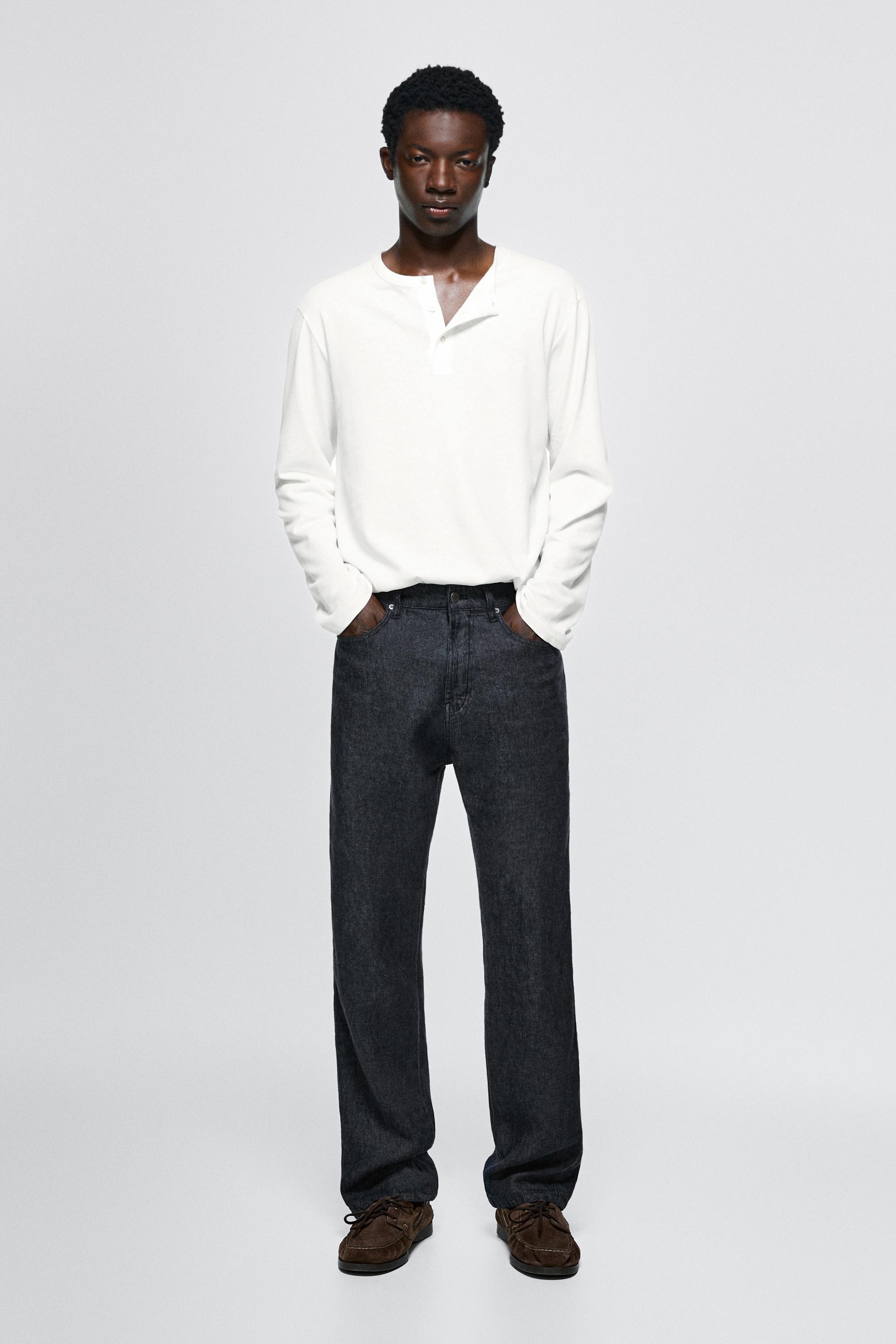 Straight-leg linen denim-effect pants - Navy blue | ZARA United States