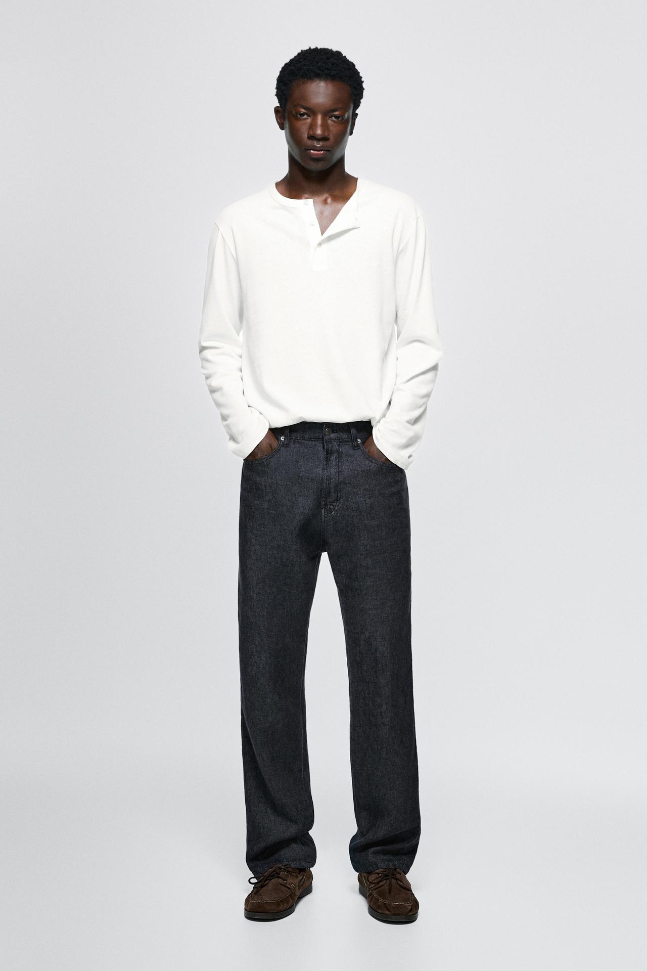 Straight-leg linen denim-effect pants — Navy blue