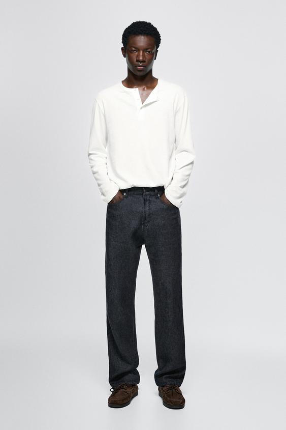 Zara Straight-leg linen denim-effect pants - Navy blue - Image 0