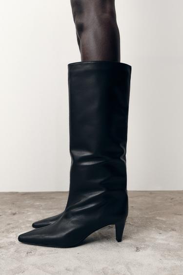 LEATHER KITTEN HEEL BOOTS - Black by Zara