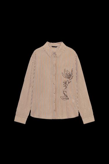 Zara STRIPED EMBROIDERED BEADED SHIRT - Brown / Ecru - Image 0