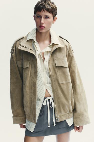 VESTE EN CUIR DAIM - Marron / Taupe de Zara - Image 7