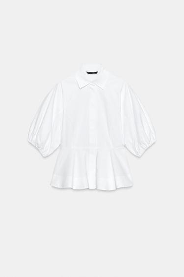 Zara PEPLUM SHIRT WITH PUFF SLEEVES - White