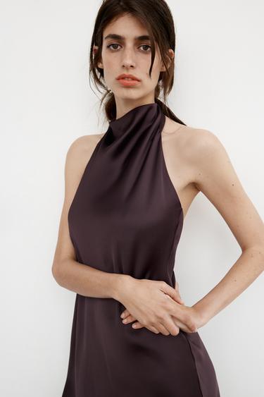 LONG SATIN HALTER DRESS - Burgundy by Zara