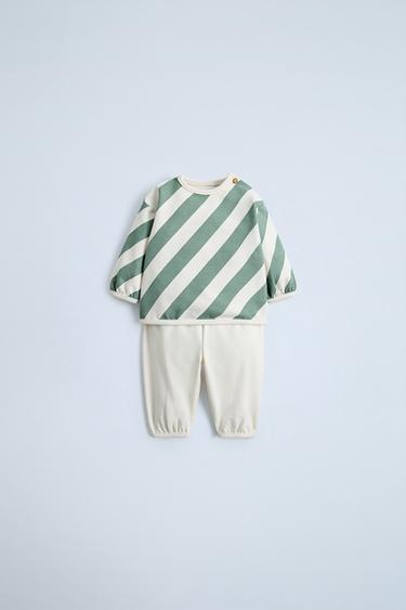 Zara STRIPED SWEATSHIRT AND POCKET JOGGER PACK - Green / Ecru
