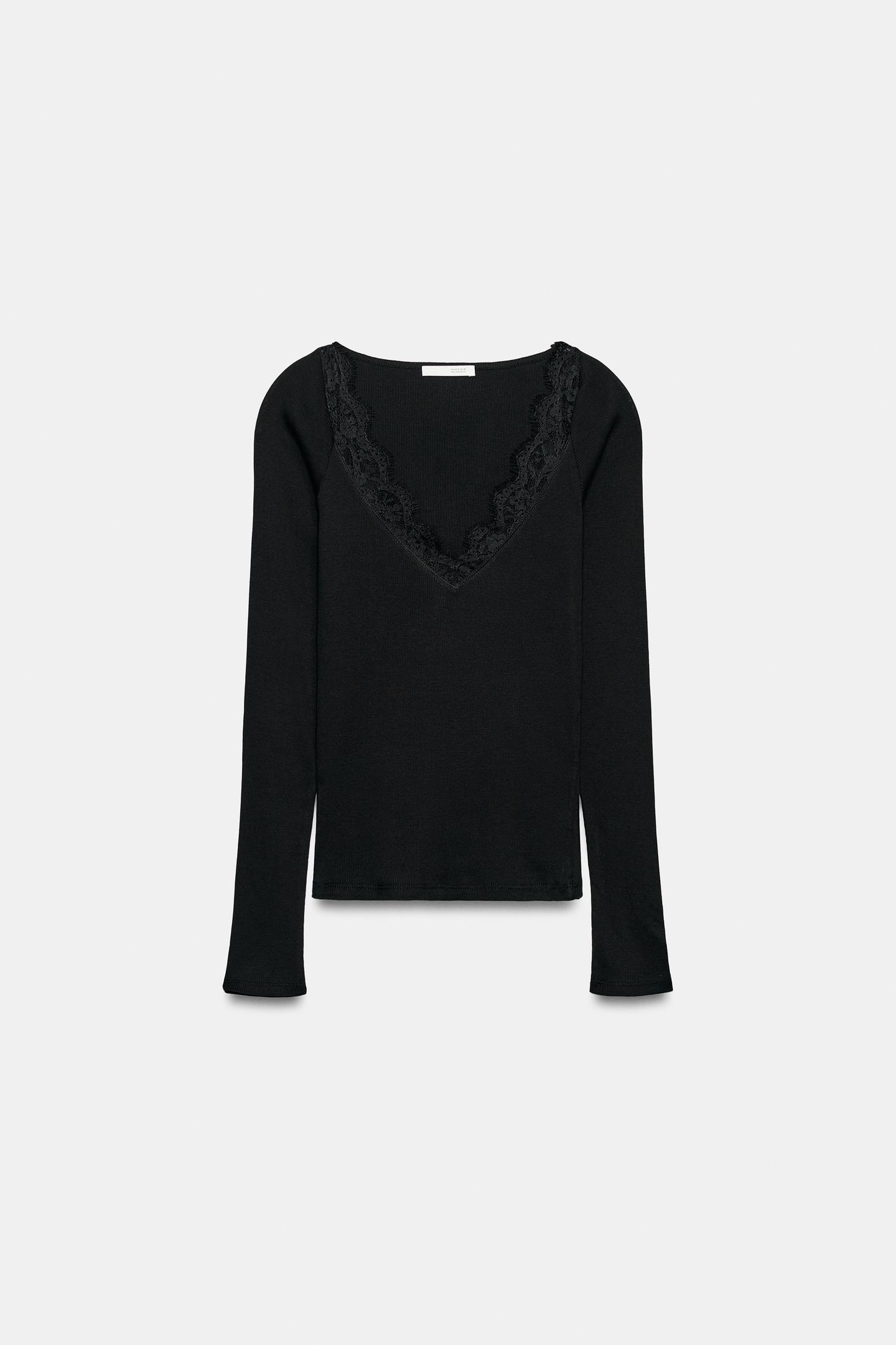 Женская футболка Zara Ribbed Combo, цвет: Чёрный — фото 3