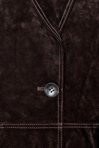 Zara 100% LEATHER STRAIGHT BLAZER - Brown