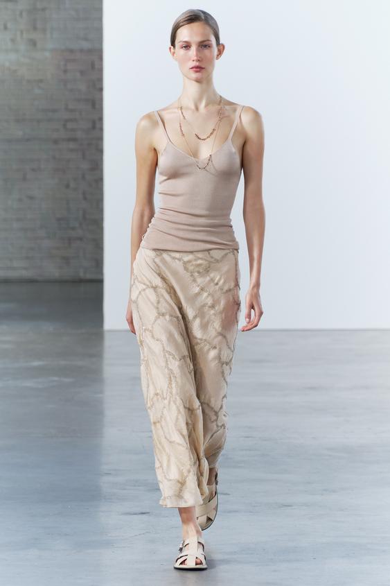 Jupe Midi Longue Zara Beige Sable - Broderie Perles - Taille M - Collection ZW