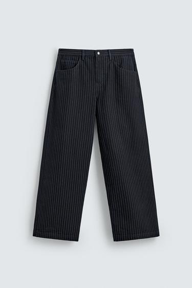 ピンストライプ柄バギーフィットパンツブルーZaraのピンストライプ柄バギーフィットパンツ - ブルー 