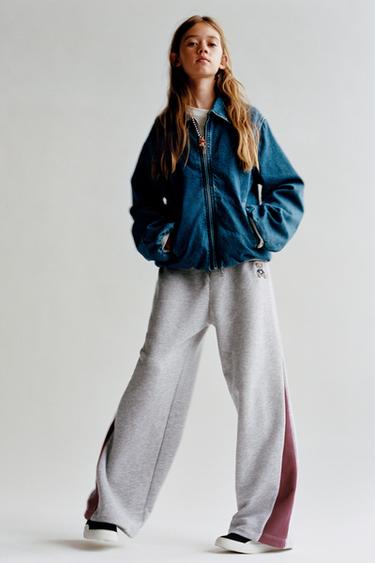 Zara EMBROIDERED BEAR WIDE LEG PANTS - Gray marl