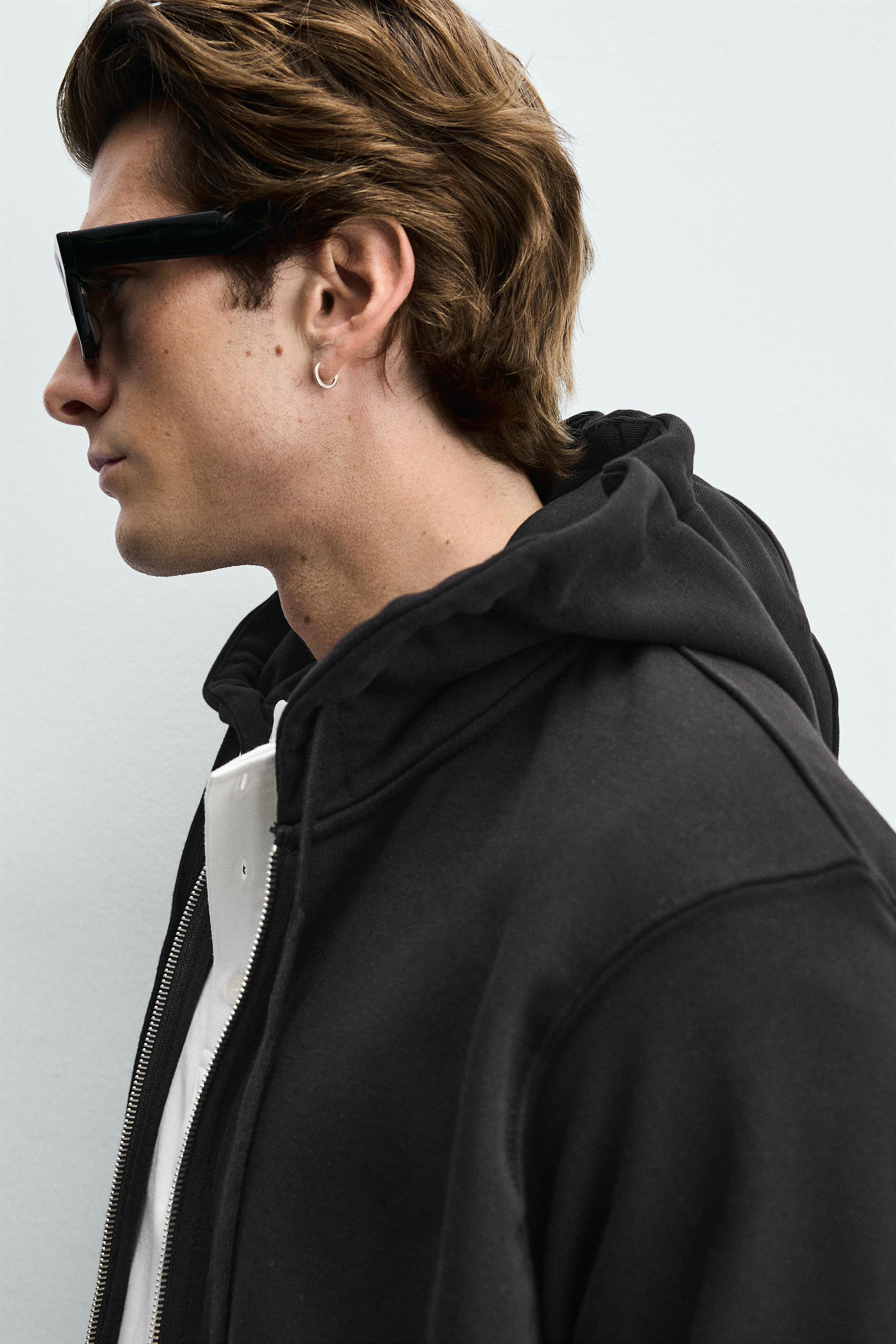 RELAXED FIT ZIP-UP HOODIE — Black