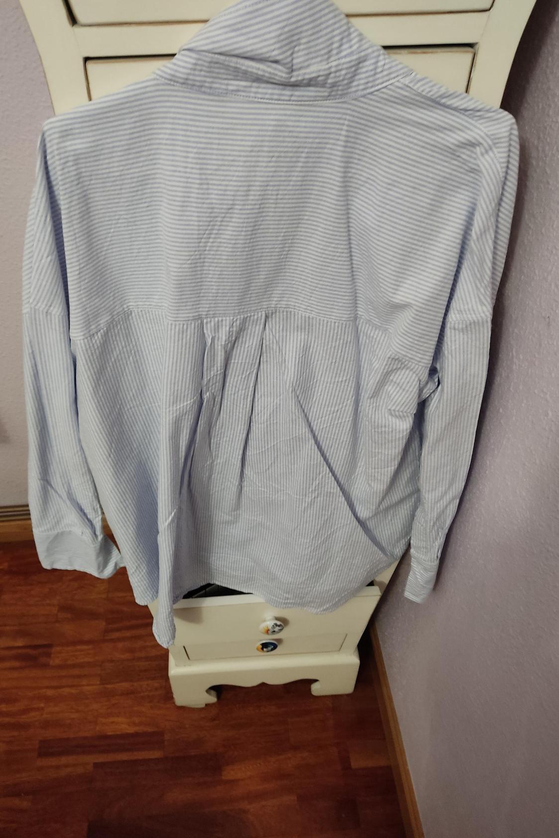 Back view of a blue and white striped shirt with pleats on the back.