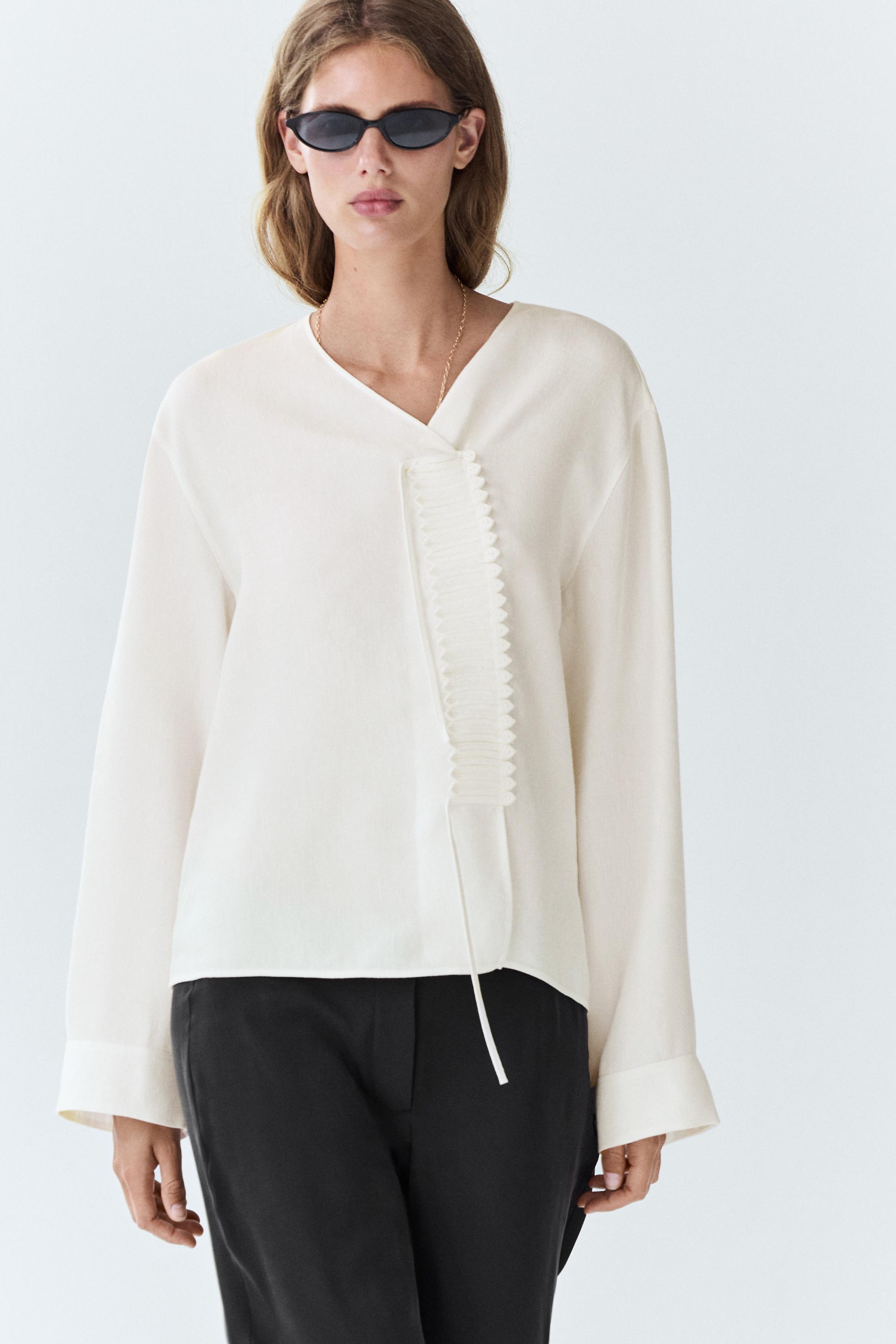 Flowing linen blend blouse with button detail — White