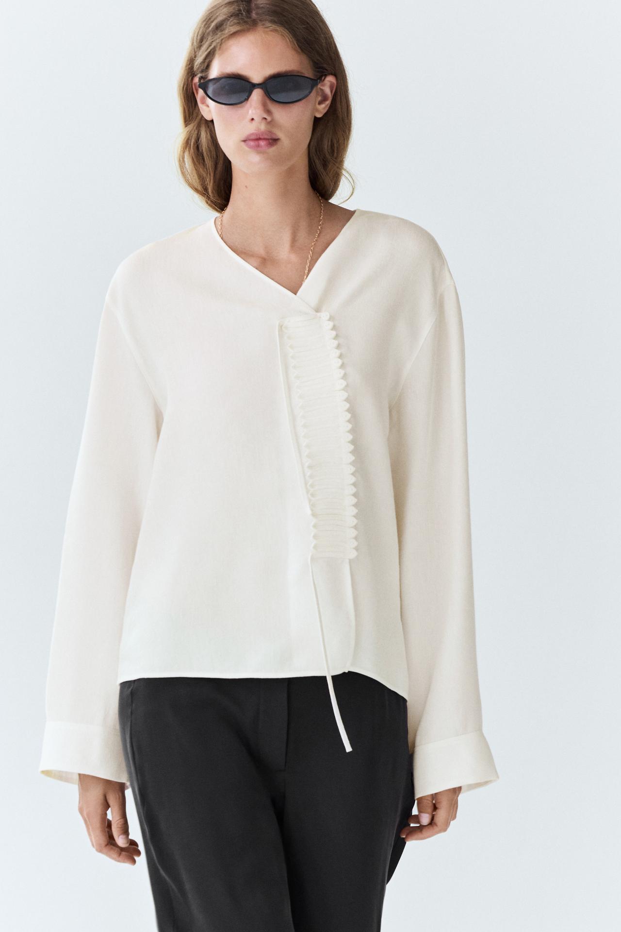 Flowing linen blend blouse with button detail — White