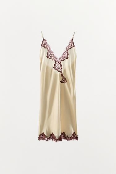 VESTIDO LENCERO SATINADO ENCAJE - Blanco de Zara