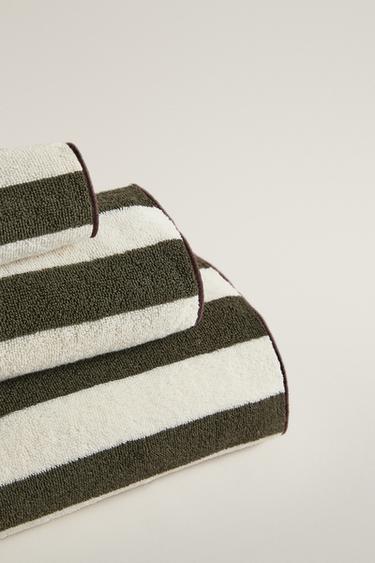 Striped Cotton Bath Towel With Overlock — Dark green 2
