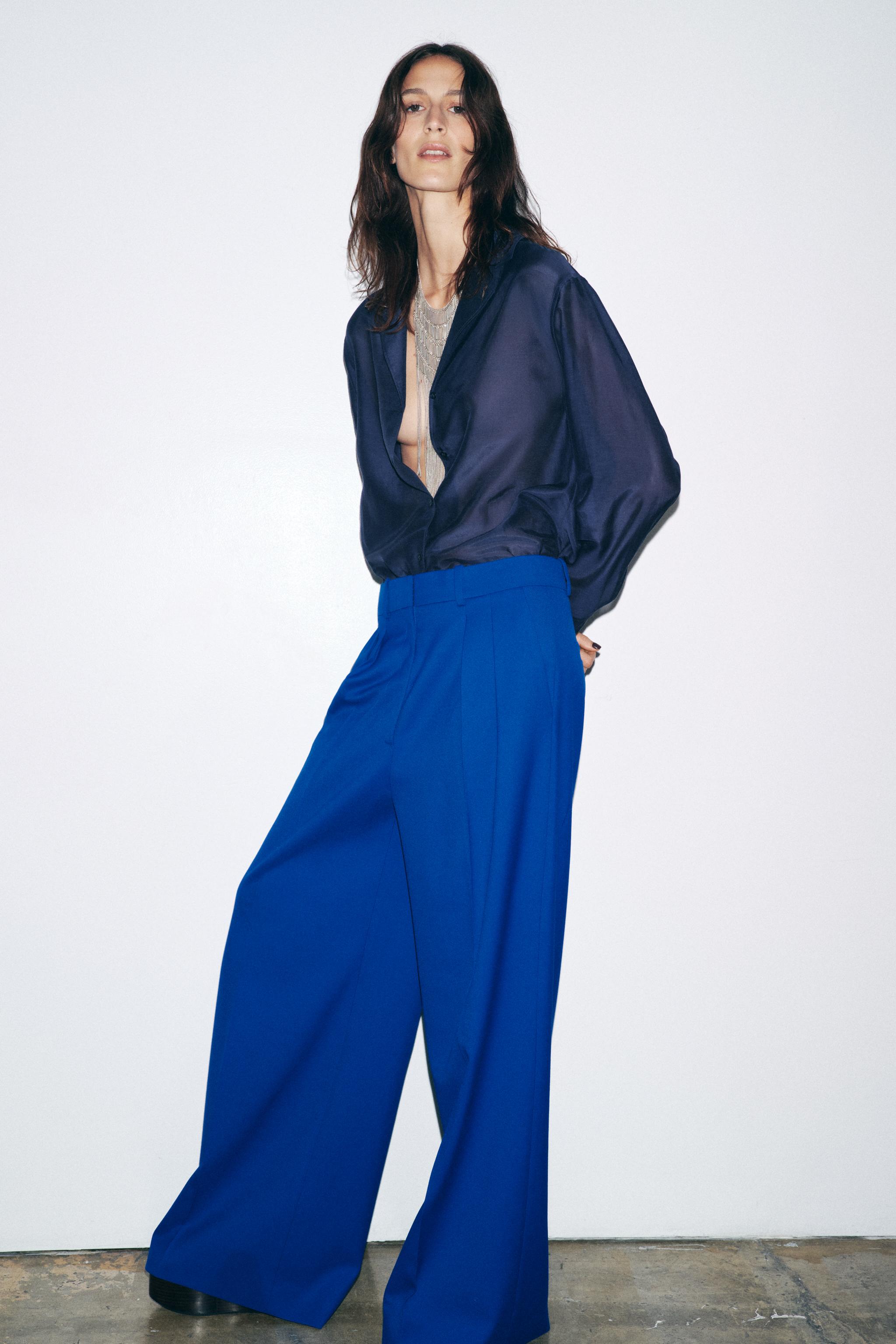 ZARA ワークパンツ 青色 ベルト付き ZARA ザラ ベルト付きハイウエストパンツ ブルー美品 サイズXS