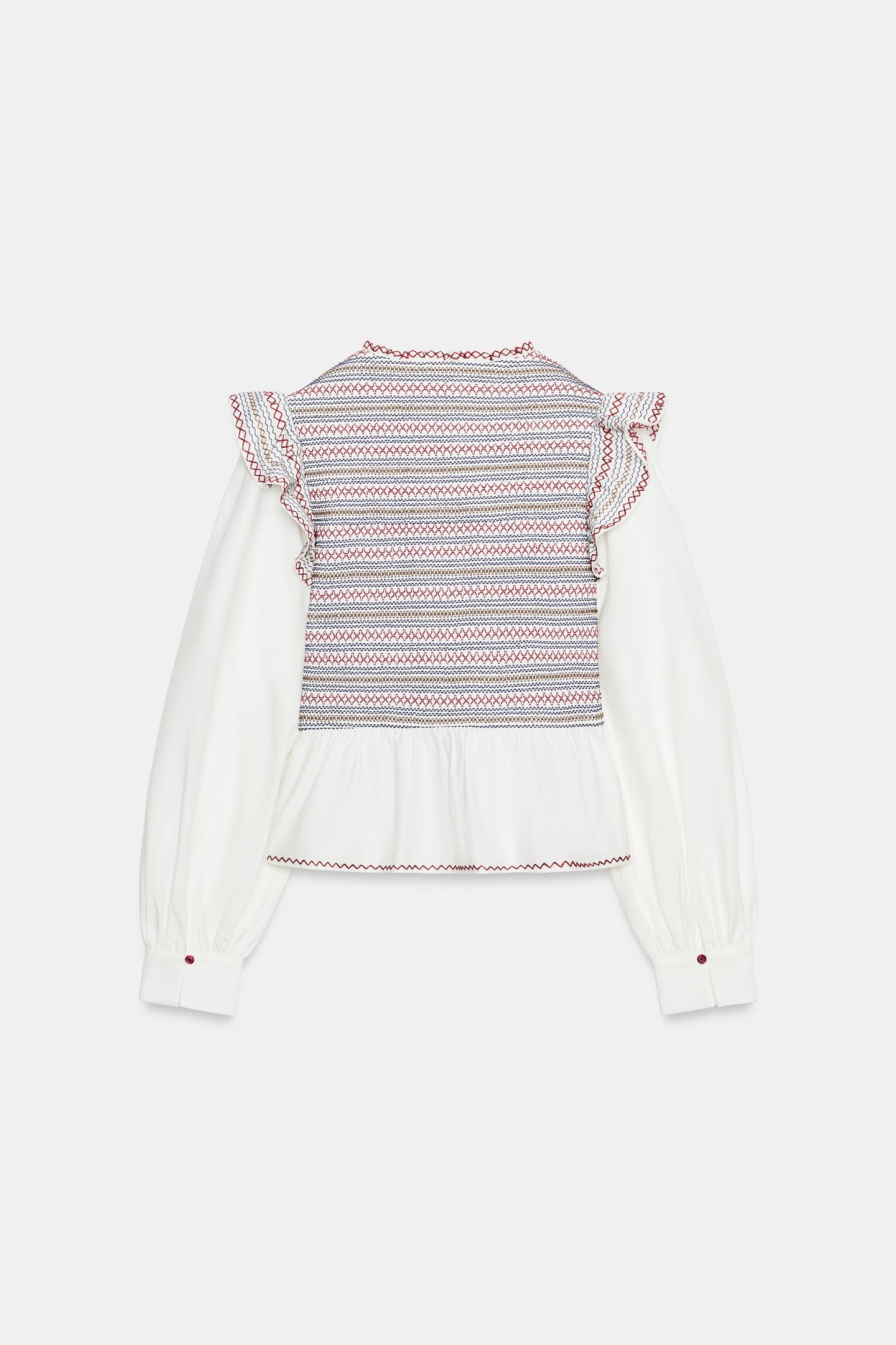 Женская блузка Zara Embroidered Smocked Blouse, цвет: Белый — фото 8