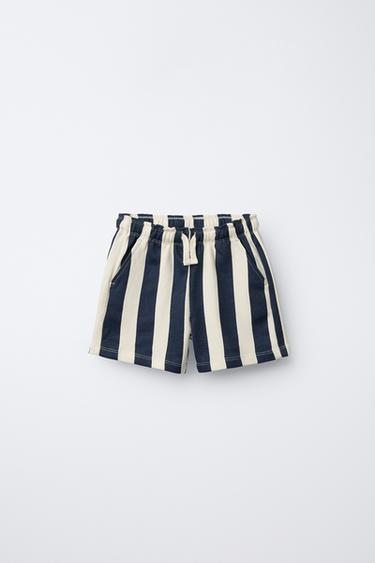 Zara STRIPED PLUSH SHORTS - Blue