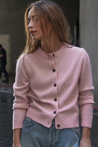 CASHMERE AND WOOL LONG SLEEVE CARDIGAN - Pink by Zara