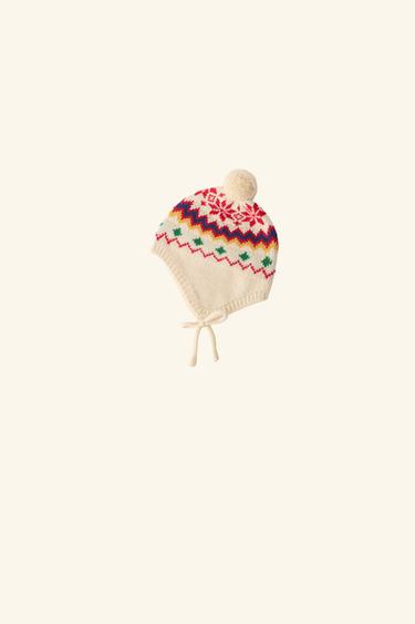 WOOL JACQUARD POM-POM BONNET — Ecru 1